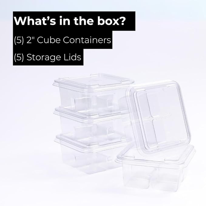 Klaris 2-Inch Ice Cube Storage Containers, 5-Pack with Lids for Freezer | Klaris 2-Inch Ice Cube Storage Containers, 5-Pack, Stackable, Freezer Safe, Fits 2-Inch Ice Cubes & Spheres