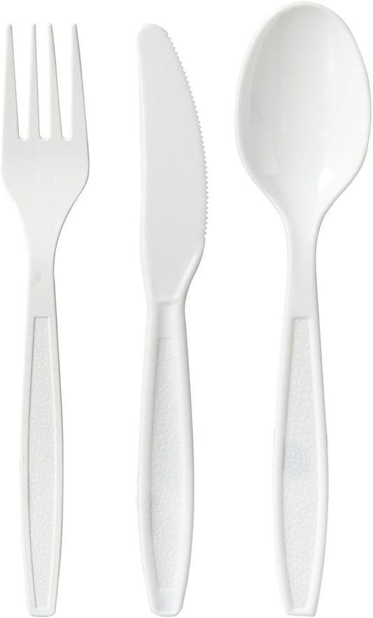 White Plastic Forks Spoons Knives Heavyweight Utensils Disposable Silverware Heavy Duty Cutlery Set [300 Combo Box]