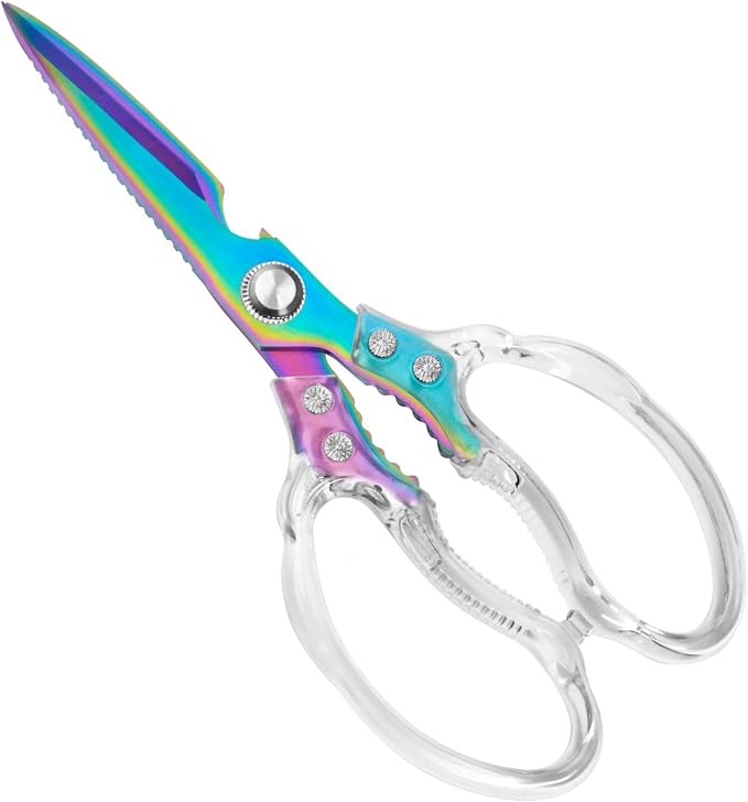 CGBE Kitchen Scissors, Multi-Purpose Kitchen Shears, Heavy Duty Food Scissors for Chicken, Poultry, Fish, Meat & Herbs with Non-Slip Grips (Transparent Colorful)