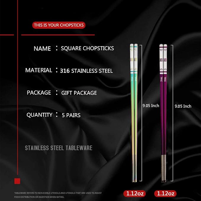 5 PaIrs Color 316 Stainless Steel 18/10 Reusable Chopsticks Set With Case Rainbow Multicolor Non-Slip Chopsticks Black Purple Gold Colored Blue For Dining Sushi Noodle Hot Pot,Dishwasher Safe