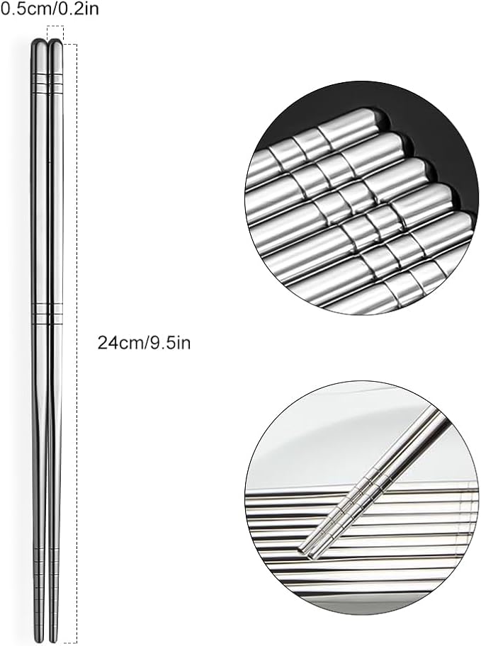 Premium Reusable Stainless Steel Chopsticks - 5 Pairs, 9.5 Inch, Square, Non-Slip, Dishwasher Safe, Use for Home, Kitchen, Hotel, Restaurant