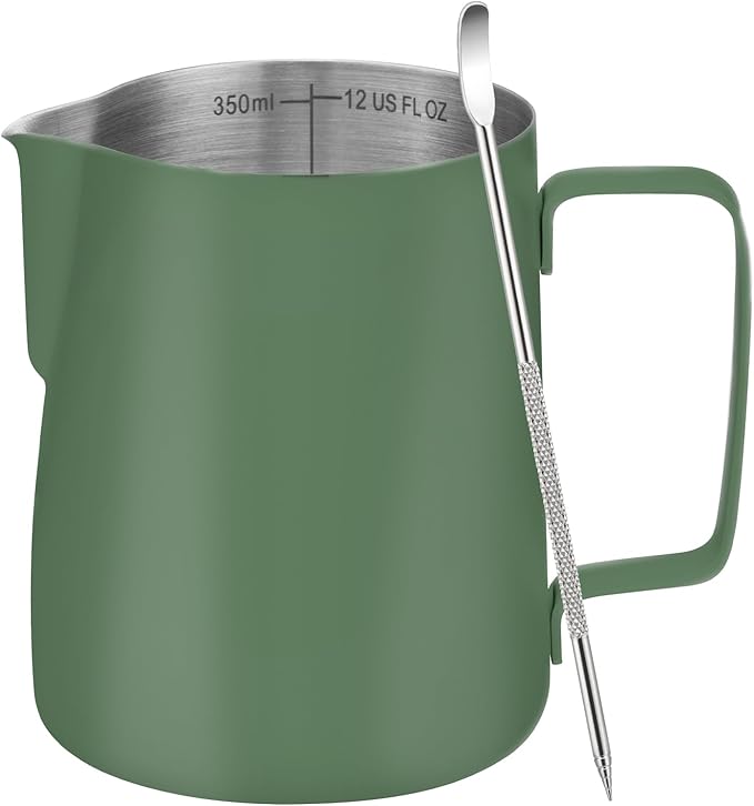 Amrules Milk Frothing Pitcher, 12 oz Milk Frother Cup with Clear Scale, 304 Stainless Steel Cappuccino Espresso Machine Accessories for Barista Coffee Bar with Latte Art Pen, Green