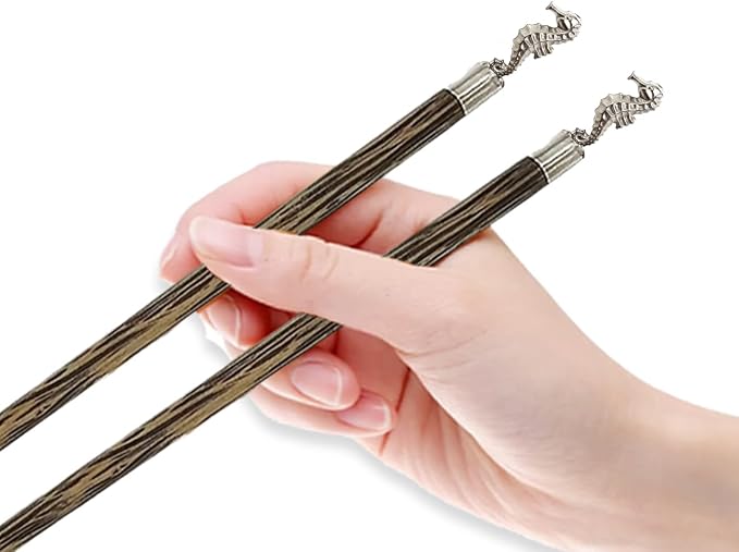 Wooden Chopsticks 9⅞" Coconut Palm Wood Chopstick With Metal Seahorse Top Eating Utensils Oriental Cutlery Asian Tableware Decorative Dinnerware to Serve Chinese Japanese Korean Food