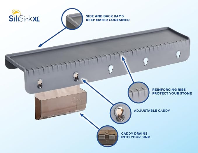 SiliProducts SiliSink XL Silicone Edge Guard for Kitchen Sink - Fits 3.75” - 4” Wide - The Original Silicone Sink Edge Protector with Sponge Caddy - Splash Guard, 20” Gray