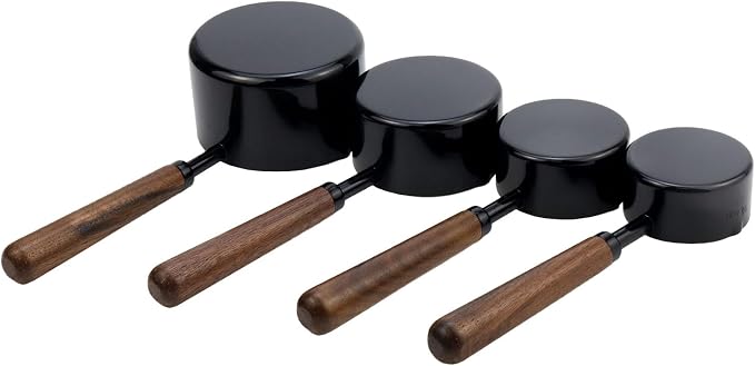Set of 4 Measuring Cups and Spoons Black Measuring Cups with Wooden Handle Stainless Steel Measuring Spoons and Scoops Set for Kitchen Flour Spice Seasoning Measurement (1+1/2+1/3+1/4 Cup)