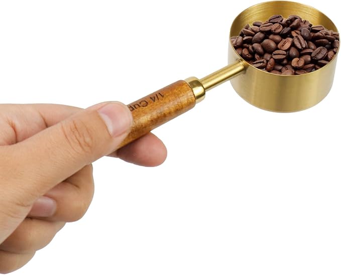 1/4 Cup Stainless Steel Measuring Cup with Wooden Handle, 60ml | Gold Measuring Scoop, 125ml Metal Measuring Spoon, For Baking, Cooking, Wet and Dry Ingredients