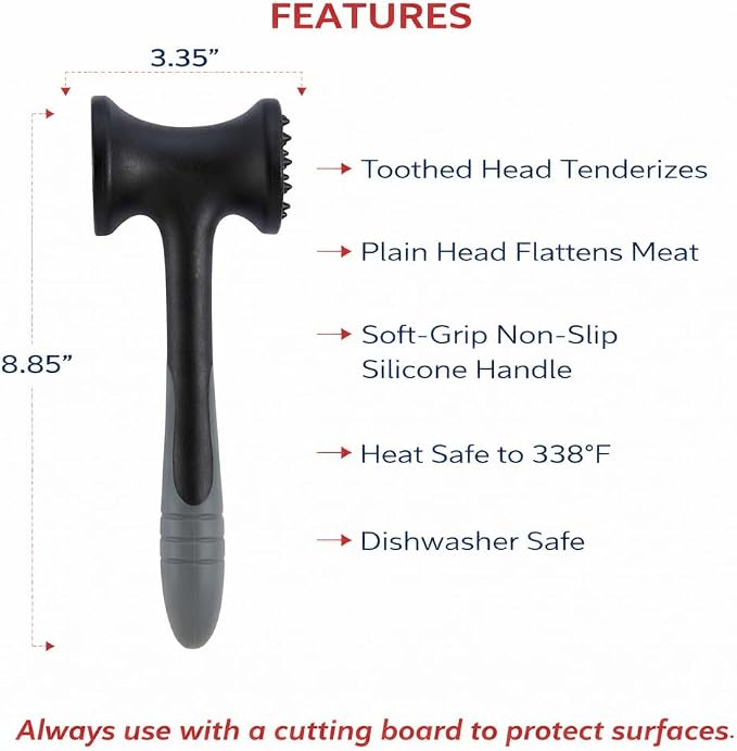 HIC Kitchen Soft-Grip Meat Tenderizer Mallet Marinating Prep Tool, Heat Safe, For Flattening Cutlets And Tenderizing Meat