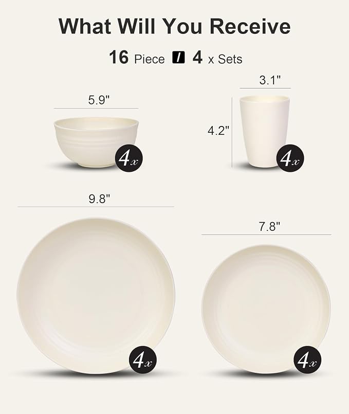 Quatish 16 Piece Plates and Bowls Sets for 4, Unbreakable Dinnerware Sets, Plastic Dish Set for Camping, Dishwasher Microwave Safe, Outdoor Kitchen and Apartment Dorm Dinning RV Essentials, Beige