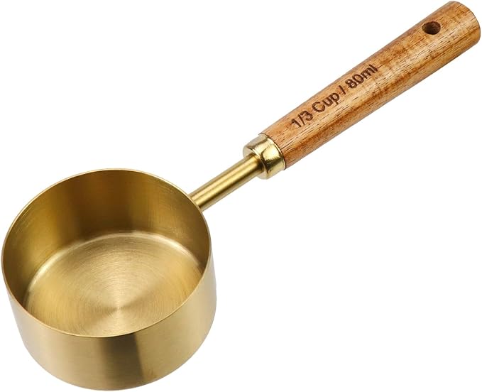 1/3 Cup Stainless Steel Measuring Cup with Wooden Handle, 80ml | Gold Metal Measuring Scoop, 80ml Measuring Spoon, For Baking, Cooking, Wet and Dry Ingredients