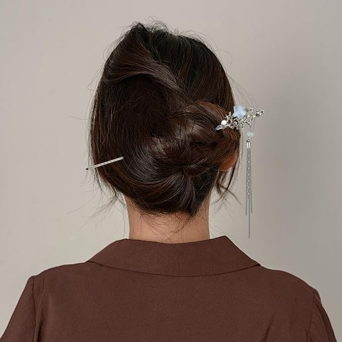 5PCS Butterfly Flower Hair Sticks for Buns Long Hair Chinese Hanfu Asian Vintage Hair Chopsticks Metal Silver Hair Bun Updo Holders Long Hairpins for Women Girls