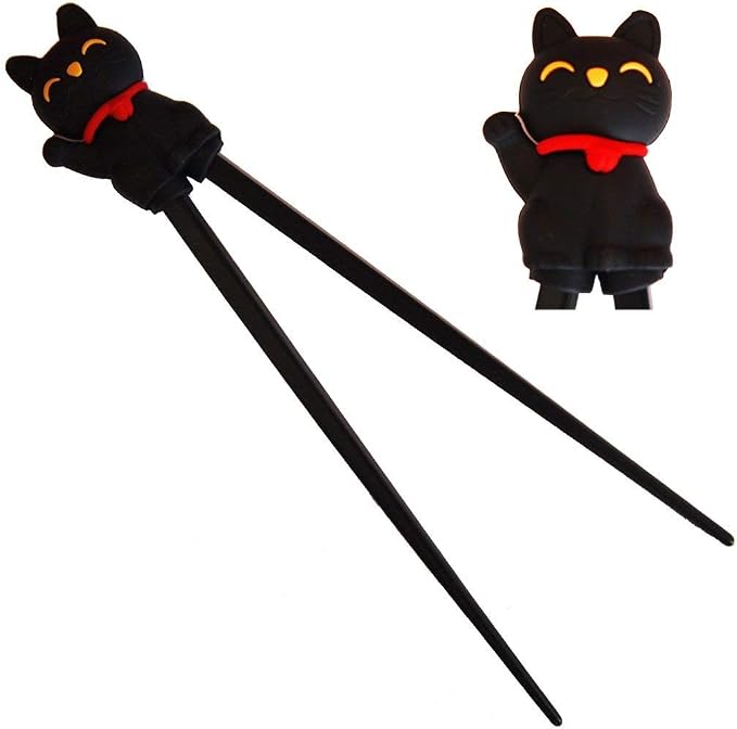 Happy Sales HSTC-LKCBLK, Training chopsticks for beginners right or left handed, Black Cat