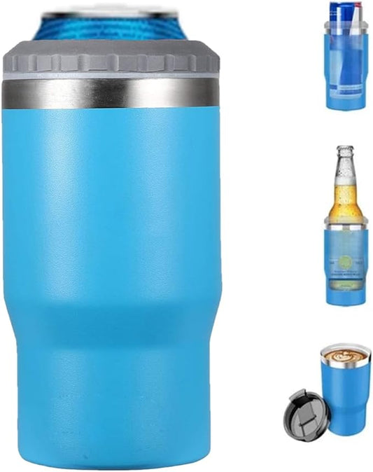 4 in 1 Stainless Steel Can/Bottle Insulator, 14oz Two-Way Lids SUS Insulated Can Cooler, Beer Bottle holder (Azure)