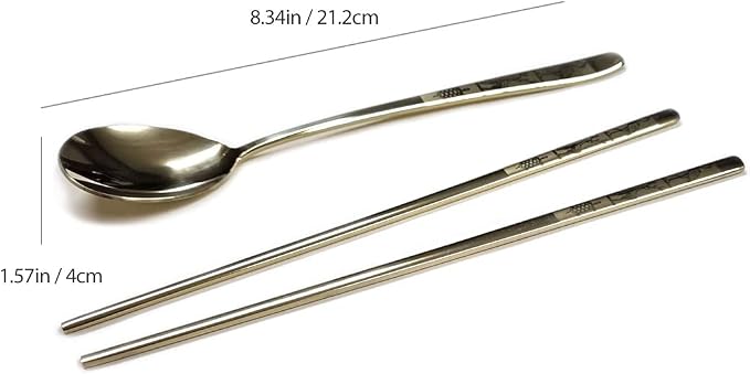 GARASANI Korean Traditional Spoon and Chopsticks Gold Titanium Plated Stainless Steel Cutlery (Gold Longevity)