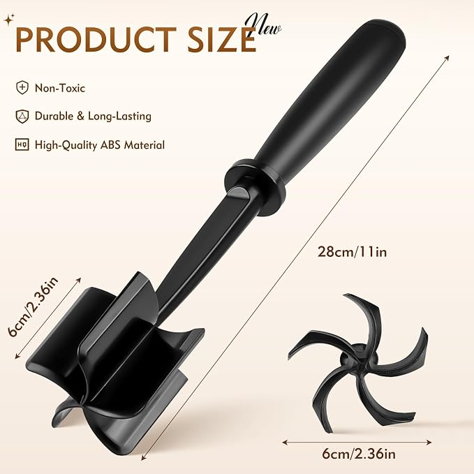 Meat Masher, Ground Beef Masher with 5 Curve Blades & Non-Slip Handle | Upgrade Heat Resistant Hamburger Smasher Tool for Hamburger & Potatoes, Non Stick Mix Ground Meat Chopper(Black)