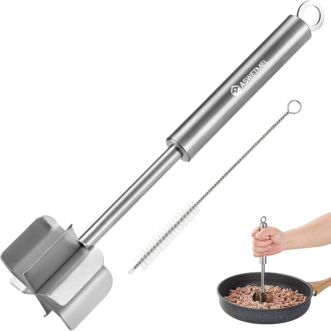 Stainless Steel Meat Chopper, ASWETMEL Meat Masher for Hamburger, Ground Beef Smasher, Hamburger Grinder Utensil for Ground Beef, Non Stick Mix Ground Chopper, Mix and Chop Potato Masher Tool