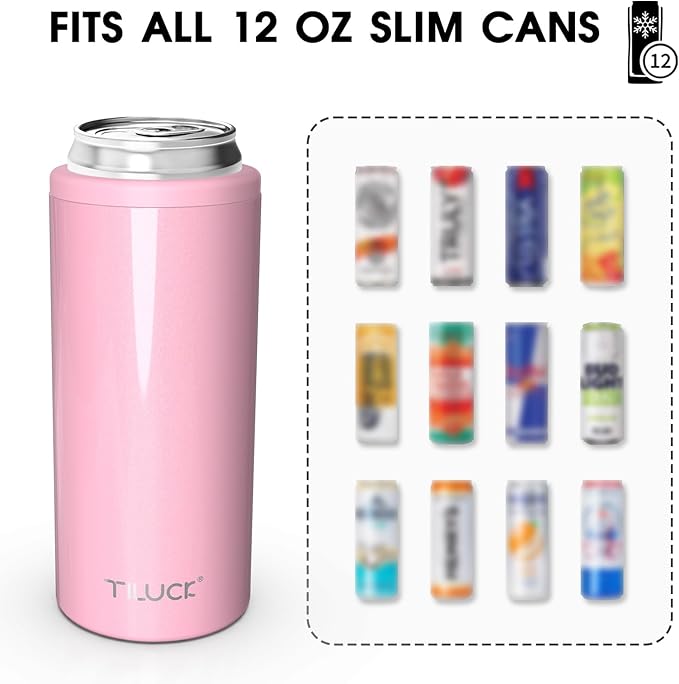 TILUCK Skinny Can Cooler, Stainless Steel Insulated Slim Cans, 12 oz | Beer & Hard Seltzer, Doucle-Walled Stainless Steel Insulated Slim Cans, Slim 12 oz(Glitter Blush)