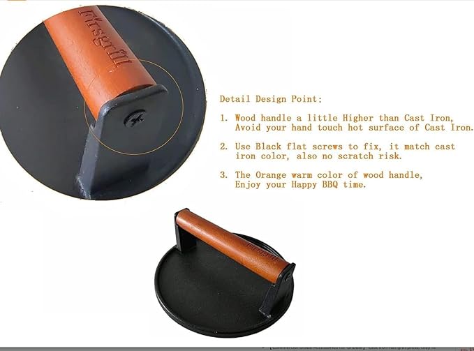 Burger Press 7.08" Round & 8.3”X4.3”Rectangle Heavy-Duty Cast Iron Smash Meat Steak with Wood Handle for Blackstone Camp Chef Pitboss Weber Treager Griddle (Round & Rectangle w Flat Bottom)