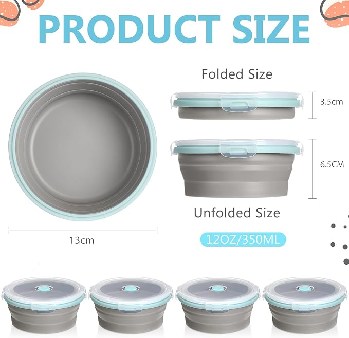 4 Pcs Collapsible Bowls with Lids Silicone Camping Food Storage Container Expandable Folding Salad Lunch Box Travel Container for Hiking Camping