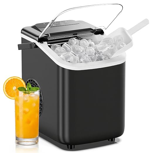 DUMOS Ice Maker Countertop, Ice Machine with Portable Handle, Basket and Scoop, 26lbs Daily, 9 Bullet Cubes in 6-8 Mins, Auto-Cleaning for Home, Kitchen, Office, Outdoors, RV Camping