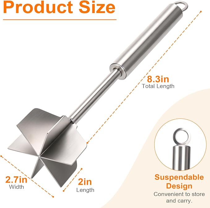 Palksky Meat Masher, 11 Inch Stainless Steel Ground Beef Masher with 6-Blade Head, Heavy Duty Meat Chopper for Ground Beef, Hamburger Smasher Tool for Potatoes, Chicken and Meal Prep