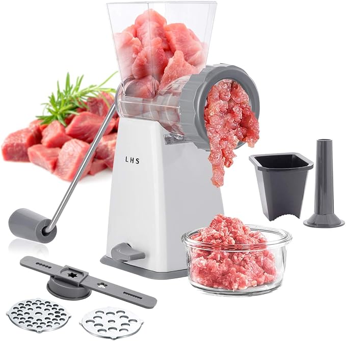 Manual Meat Grinder with Stainless Steel Blades Heavy Duty Powerful Suction Base for Home Use Fast and Effortless for All Meats-Gray