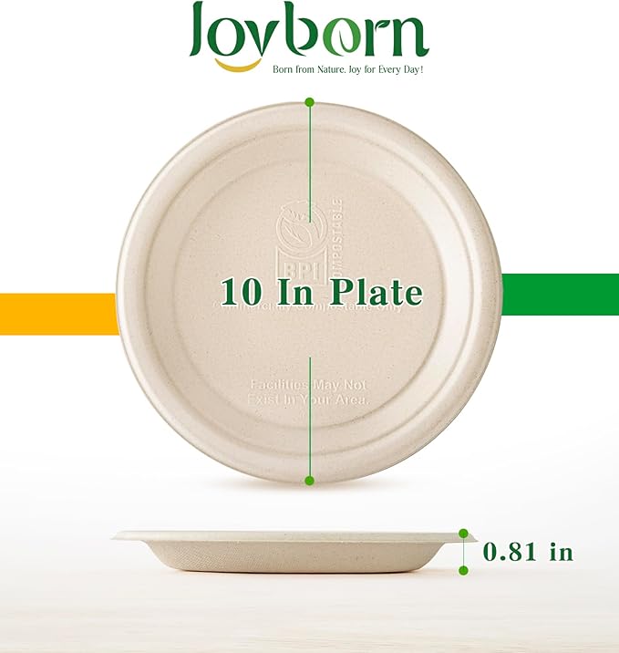 100% Compostable Paper Plates, 10 Inch, 125 Count, Biodegradable Bagasse Plates, Heavy Duty Disposable Plates Bulk for Party | Microwave-Safe | Soak-Resistant, Cut Resistant