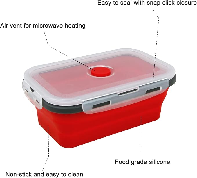 Guyuyii 4 Pack Collapsible Food Storage Containers with Lids | 4 Size (12/17/27/40 oz) for RV, Camping, Meal Prep, Small Kitchens | Compatible with Microwave/Oven/Freezer/Dishwasher, Red