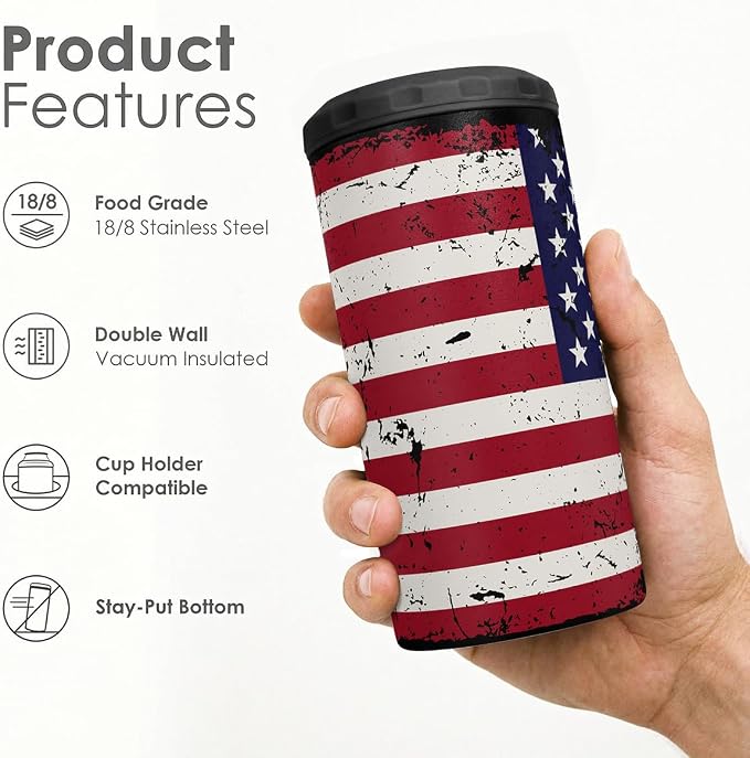 American Flag Can Cooler 12oz - Travel Mug Cups - Stainless Steel Insulated for All - Tumbler Cans Koozie, Gift for Birthday, Christmas