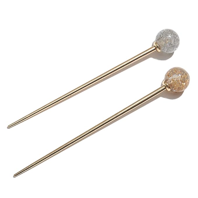 2Pcs Simple Elegant Round Ball Metal Hair Stick Fork Chignon Pin Lollipop Shape Decorative Hairpin Chopsticks Hair Jewelry for Women Lady Teen Fashion Hair Updo Making Accessories, Silver and Gold
