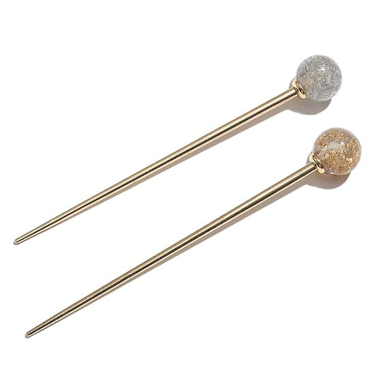 2Pcs Simple Elegant Round Ball Metal Hair Stick Fork Chignon Pin Lollipop Shape Decorative Hairpin Chopsticks Hair Jewelry for Women Lady Teen Fashion Hair Updo Making Accessories, Silver and Gold