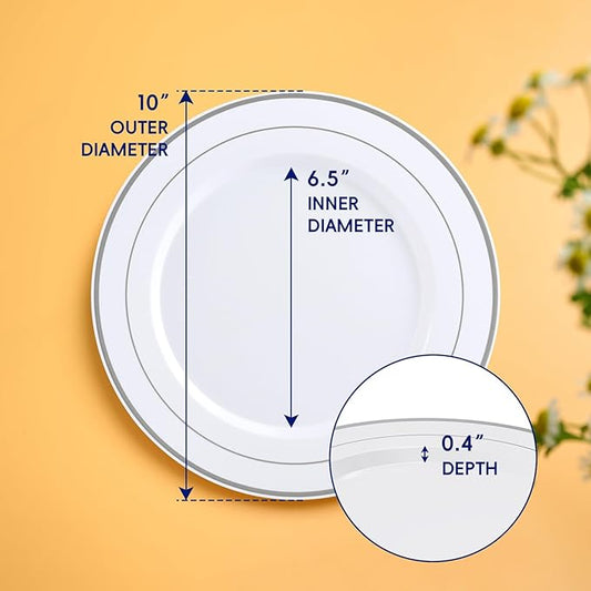 JOLLY CHEF 100 Pieces Silver Plastic Plates, 10 Inch Elegant Disposable White with Silver Rim, Plastic Plates for Thanksgiving, Birthdays and Weddings
