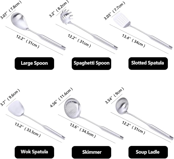 Stainless Steel Kitchen Cooking Utensils Set 6 PCS Dishwasher Safe | Food-grade 304, All Metal, 12-13.6", Wok Spatula, Ladle, Skimmer, Slotted Spatula Turner, Spaghetti Spoon, Large Spoon