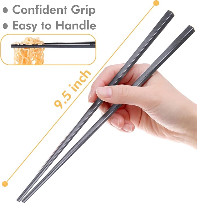Fiberglass Chopsticks Set, 9.5 Inch, Pure Black, 5 Pairs | Dishwasher Safe, Reusable, Japanese Chinese Style, Non-Slip, Easy to Use
