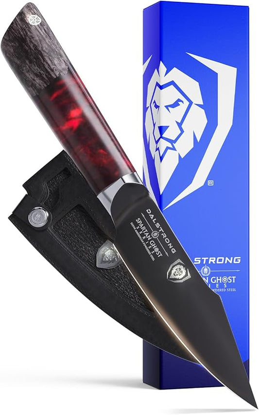 Dalstrong Paring Knife - 4 inch - Spartan Ghost Series - Premium American Forged S35VN Powdered Steel - Razor Sharp Blade - Kitchen Knife - Maple & Red Resin Handle - Sheath
