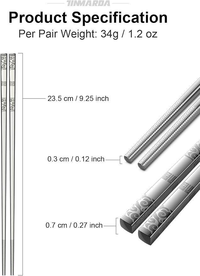 TINMARDA Metal Chopsticks Reusable 5 Pairs Stainless Steel Chopsticks Dishwasher Safe Square Lightweight Non-Slip Chop Sticks Present Set (Silver)