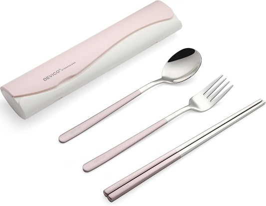 DEVICO Travel Utensils with Case, 4 Piece Portable Silverware Set for Work | 18/8 Stainless Steel Reusable Travel Cutlery Set, Korean Chopsticks Fork and Spoon Set for Lunch Box/Camping/Picnic/Dorm,Pink