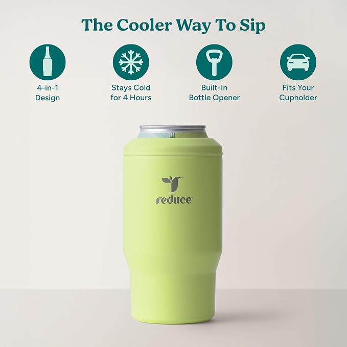 Reduce 4-in-1 Drink Cooler - Versatile Can & Bottle Holder with Vacuum Insulation - Keeps Drinks Cold Up to 4 Hours - Includes Bottle Opener - Fits Cupholders & Dishwasher Safe - 14oz - Mojito