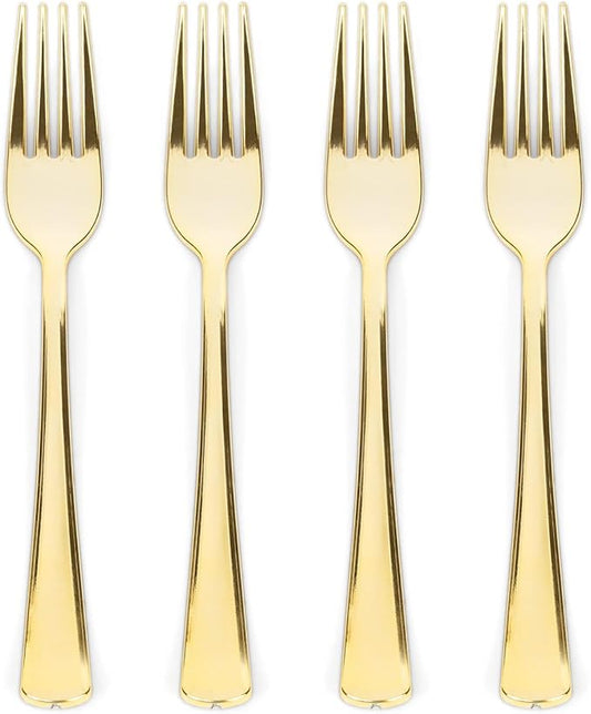 Prestee 100 Gold Plastic Forks - Heavy Duty Elegant Disposable Utensils - Fancy Plastic Silverware for Weddings and Holidays - Heavyweight 7 Inch Forks for Special Occasions