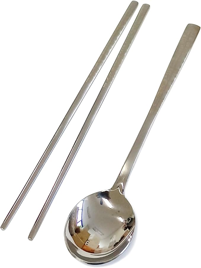 GARASANI Korean Traditional Cutlery Stainless Steel Spoons and Chopsticks Set (Silver Hunminjeongeum)