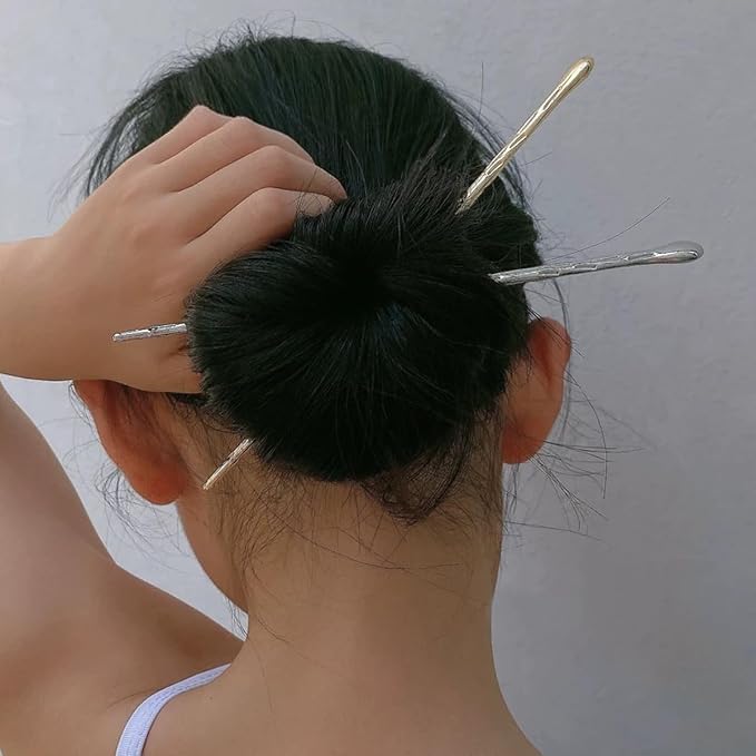 Geometric Alloy Hair Chopsticks, Pale Gold Silver Minimalist Japanese-Style Hair Clasp for Buns, DIY-Charm Compatible Hair Accessories for Women with Long Hair