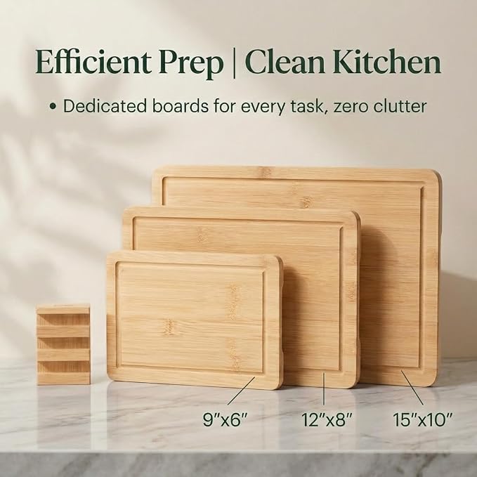 Bamboo Cutting Board Set of 3 with Stand | Natural Sustainable Wood Chopping Boards for Kitchen | Mess-Free Juice Grooves & Comfortable Side Handles | Gentle on Knife Blades, Durable