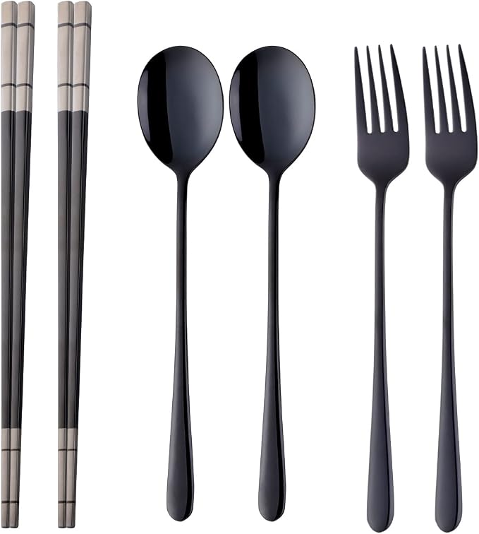 Buyer Star Stainless Steel Korean Chopsticks Spoons and Fork Set, 2 Pack Reusable Forks and Spoons Silverware Korean Utensil Set, Portable Utensils Dinnerware for Home (Black)