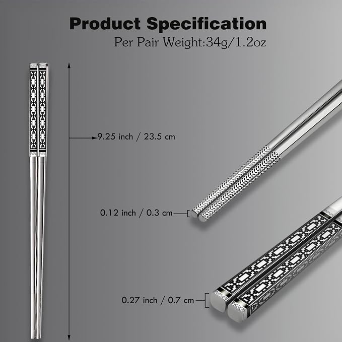 Metal Chopsticks Reusable,Stainless Steel,Dishwasher Safe,5 Pairs,Silvery | Gift Box Set,Square,Lightweight, Non-Slip,Laser Engraved Patterns No fade