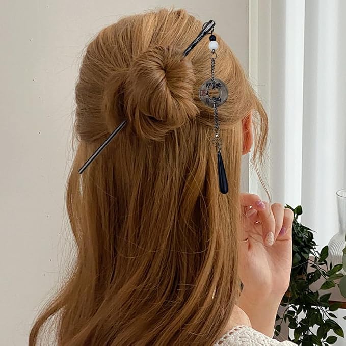 6PCS Chinese Hair Sticks Set, Black Japanese Hair Stick with Pearl Flower Butterfly Design Metal Hair Chopsticks Hair Bun Updo Holders Long Thick Hair Accessories for Women