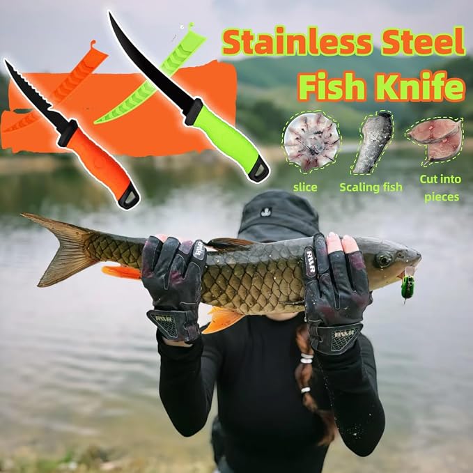 Fishing Knife Set, Fish Cleaning Kit, Filet Knife for Fish, Fish Scale Cleaning Brush, Multi-Functional Scissors, Gloves, Fishbone Tweezers, Storage Bag,Fishing Accessories,Fishing Tool Kit