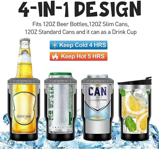 14oz 4 in 1 Stainless Steel Can Cooler Beer Bottle Insulator With 2 Lids for 12oz can&bottle, Double walled insulated Thermocooler &Travel Mug Holder Keeping Your Bevearge Cold (Orange#)