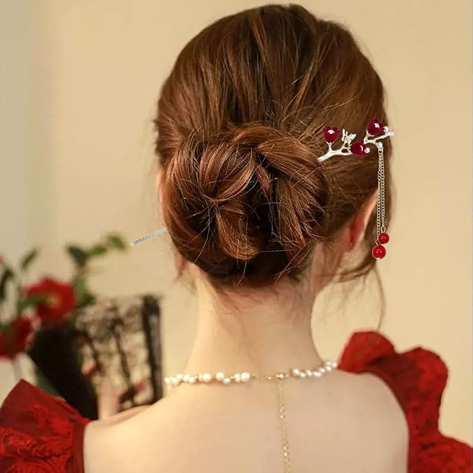 inSowni 8 Pieces Retro Vintage Asian Chinese Traditional Hanfu Gold Metal Rose Flower Butterfly Hair Pins with Bead Pendants Long Hair Sticks Forks Bun Updo Holders Hairpins for Women Girls