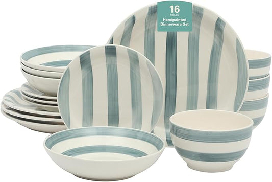 Gibson Home Kenwood Shores 16 Piece Dinnerware Set, Blue Striped, Hand-Painted Stoneware Dishes, Plates and Bowls, Service for 4, Microwave & Dishwasher Safe