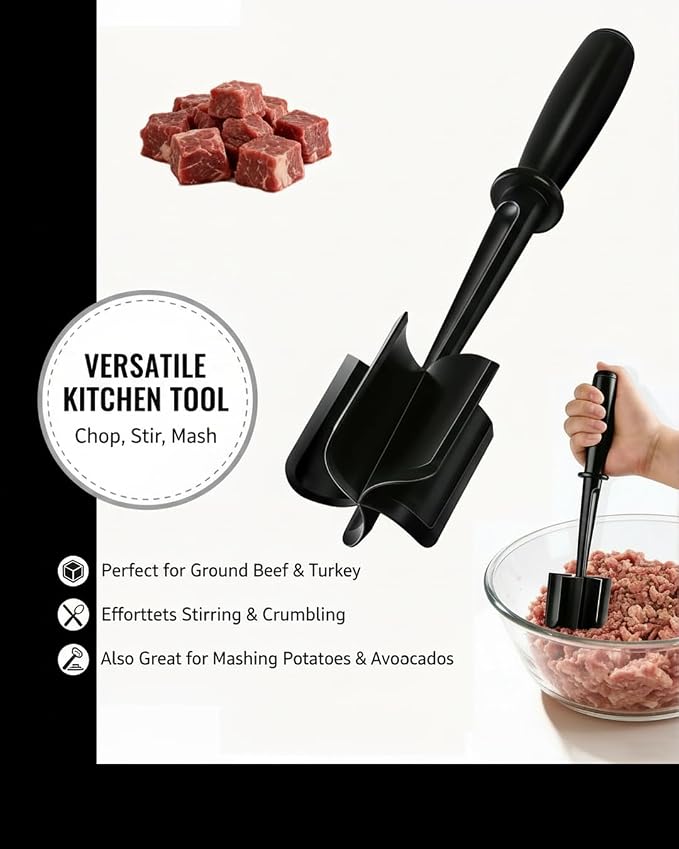 Hamburger Chopper,Meat Chopper,Potato Masher, Premium Heat Resistant Meat Masher for Ground Beef, Ground Turkey and More, Safe For Non-Stick Cookware