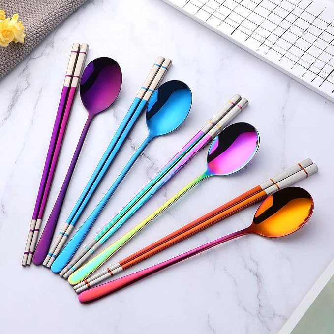 Buyer Star 4 color Square Chopsticks and Spoons Set Metal Stainless Steel Spoons Chopsticks Set